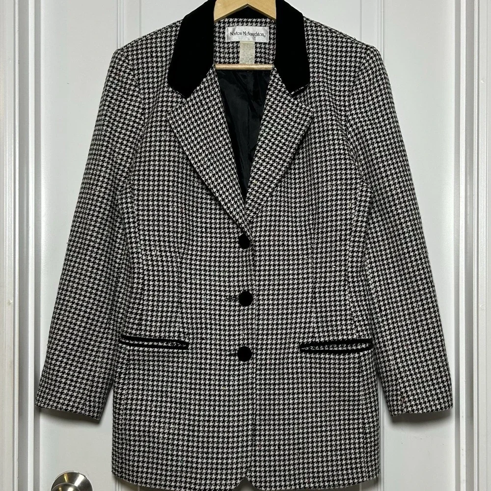 Norton McNaughton Vintage 90s Wool Blend Houndstooth Tweed Blazer Skirt Suit Set